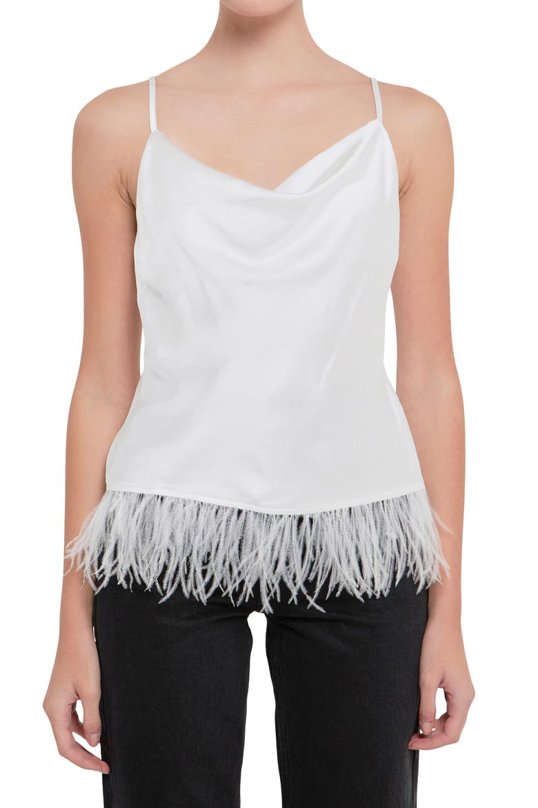 Feather Hem Satin Camisole, Alternate, color, WHITE