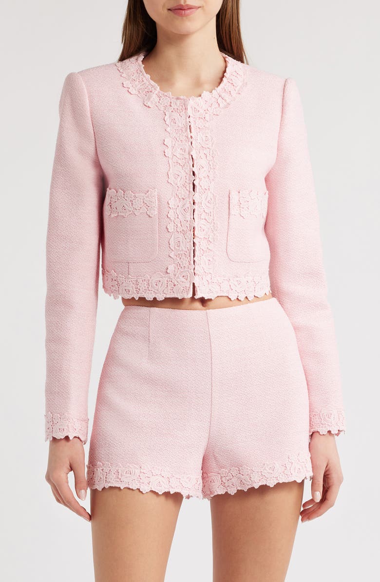 LoveShackFancy Leilana Lace Accent Crop Jacket, Main, color, Strawberry Spritz