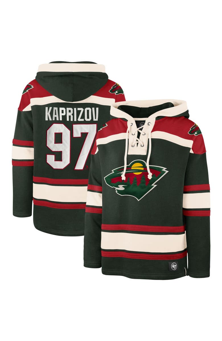 '47 Men's '47 Kirill Kaprizov Green Minnesota Wild Player Name & Number Lacer Pullover Hoodie, Alternate, color,