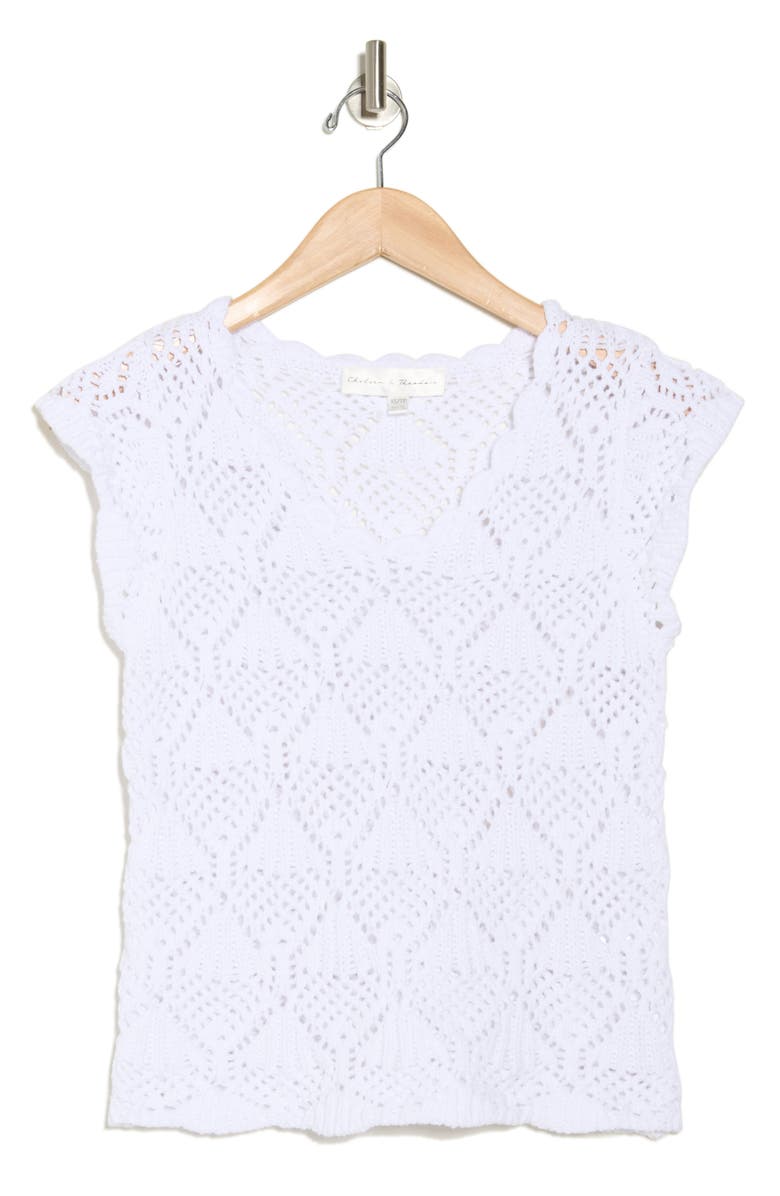 CHELSEA AND THEODORE Open Stitch Scalloped Cap Sleeve Top, Alternate, color, White