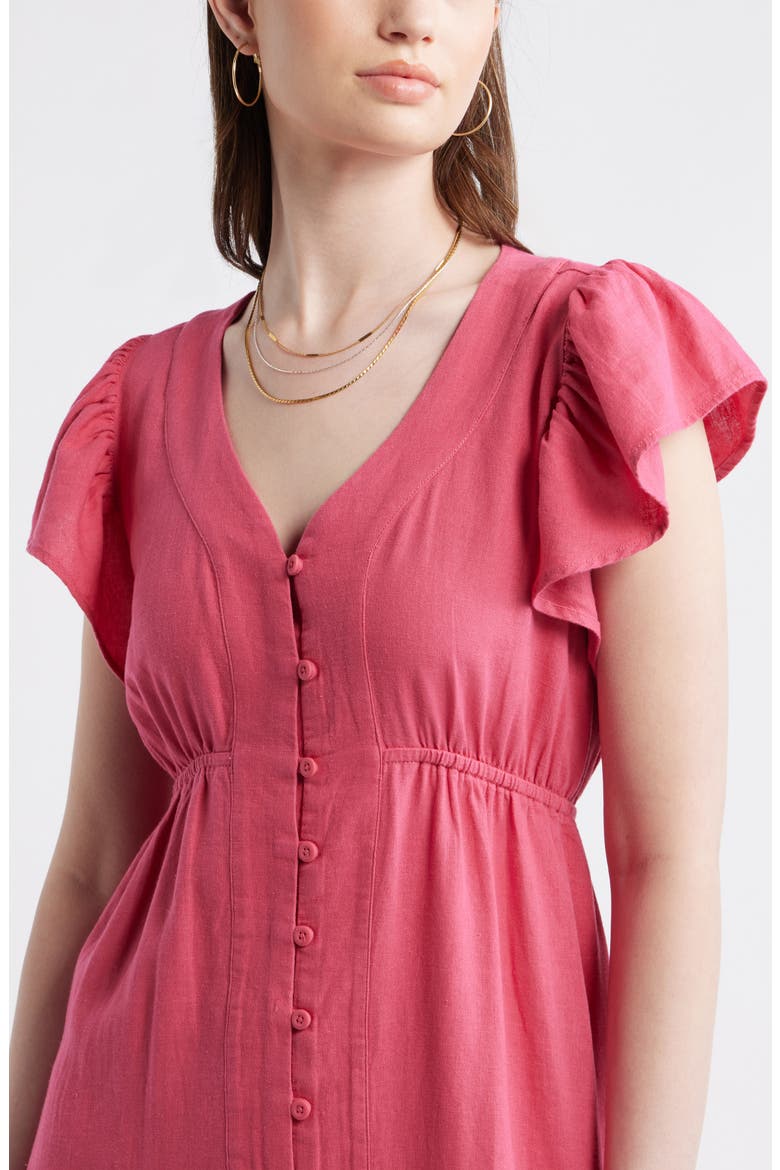 Short Sleeve Button Down Linen Blend Midi Dress, Alternate, color, PINK CARMINE
