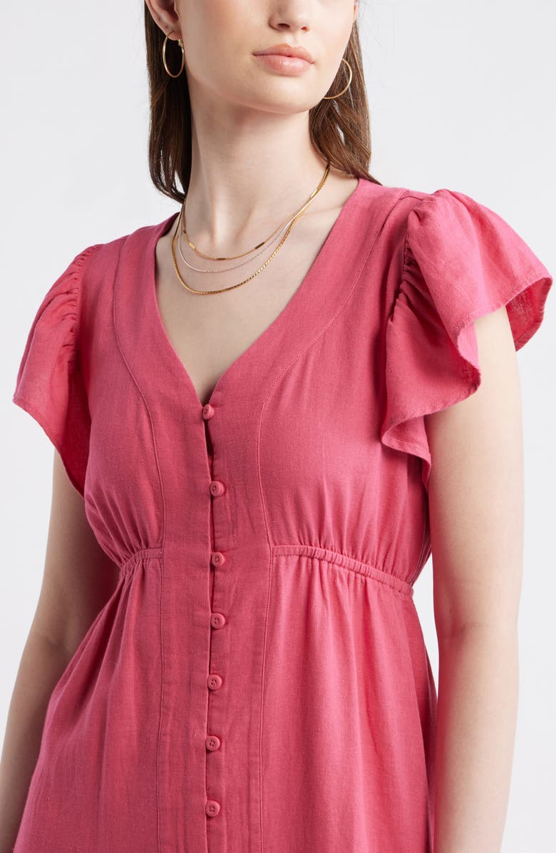Treasure & Bond Short Sleeve Button Down Linen Blend Midi Dress, Alternate, color, Pink Carmine