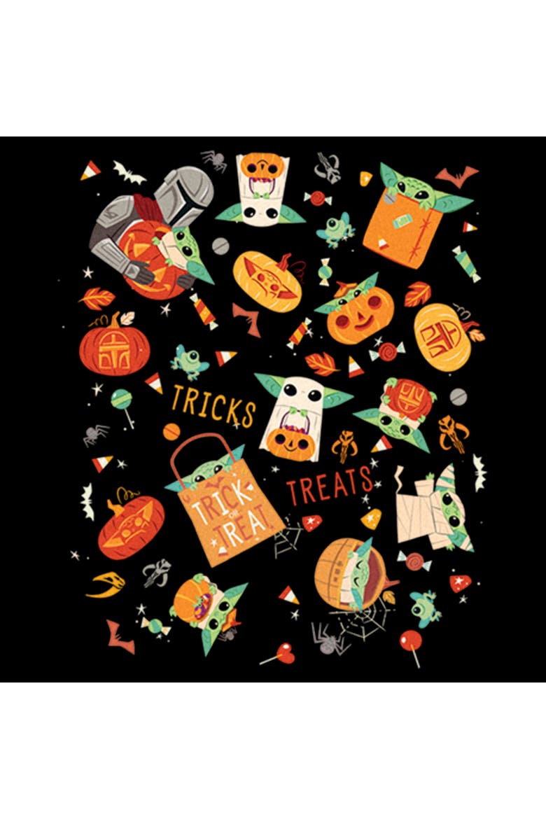 Girl's Star Wars The Mandalorian Trick or Treat Grogu Collage Graphic Graphic Cropped T-Shirt, Alternate, color, Black