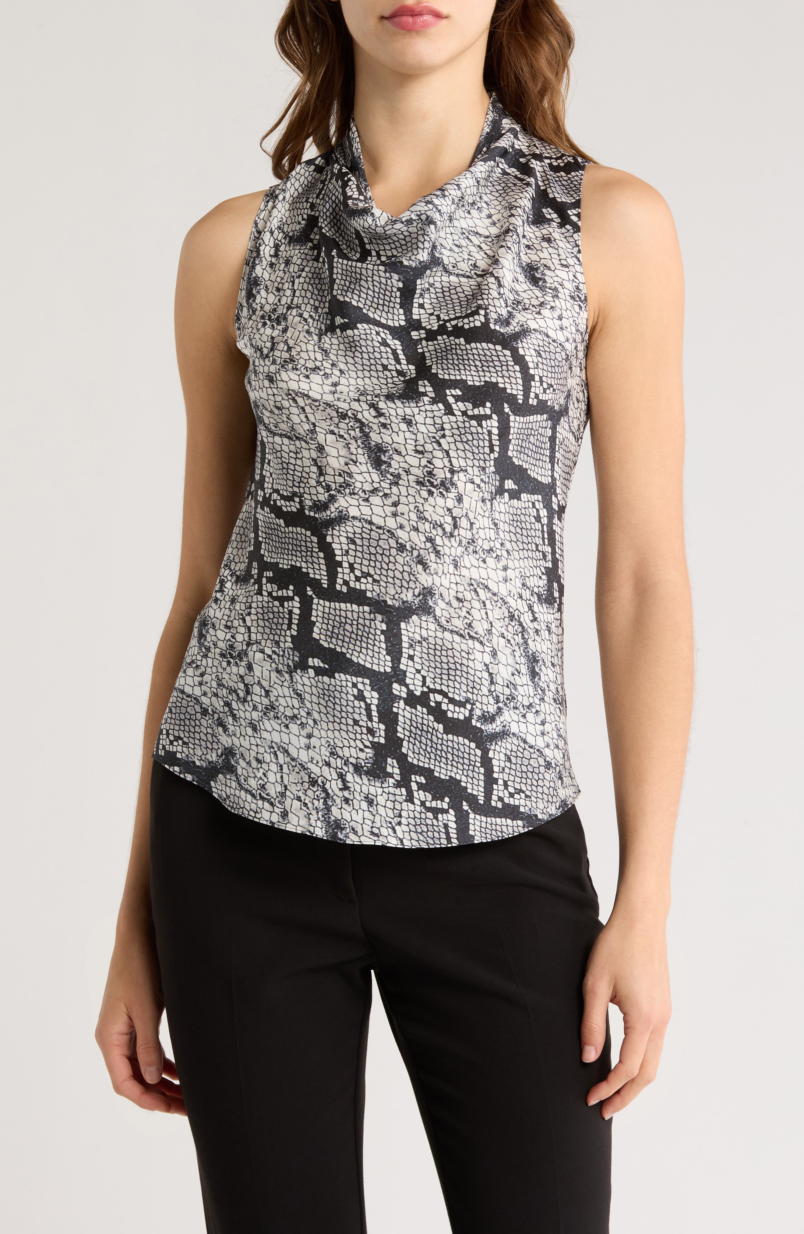 Theory Python Print Cowl Neck Sleeveless Silk Top
