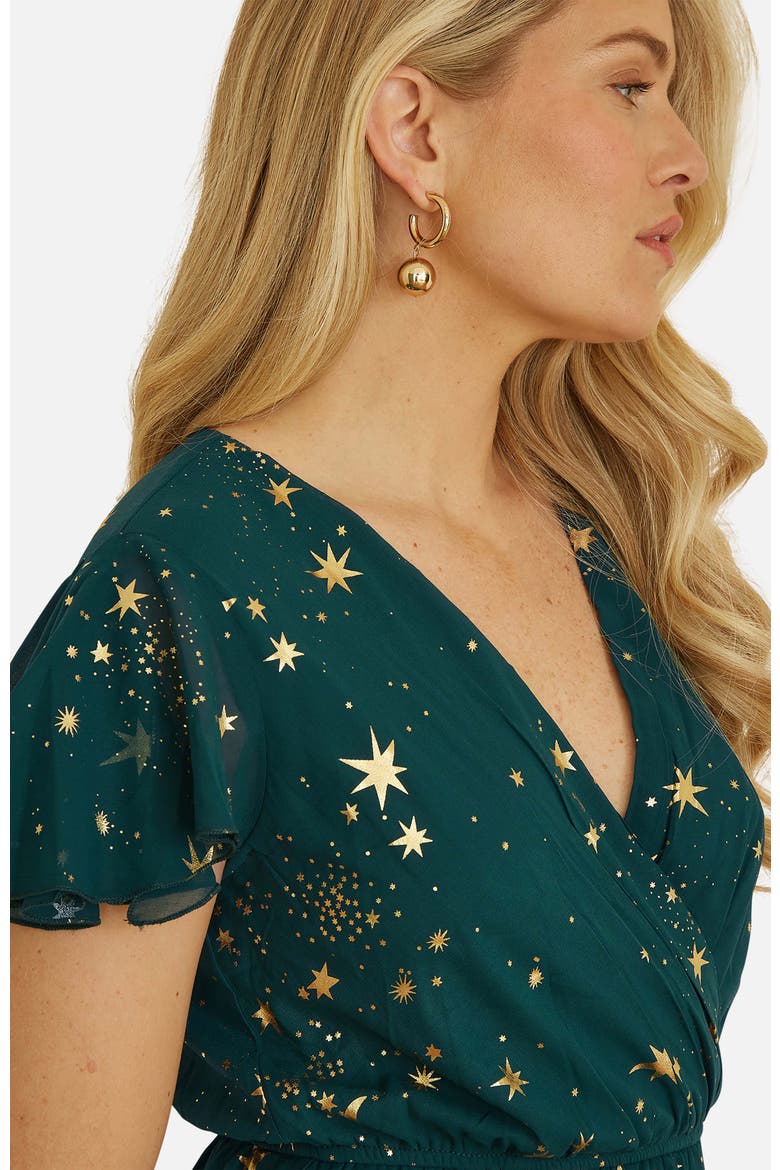 Foil Star Print Wrap Skater Dress, Alternate, color, Green