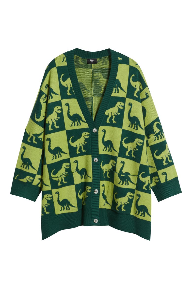 Dino Drama Oversize Jacquard Cardigan, Alternate, color, GREEN