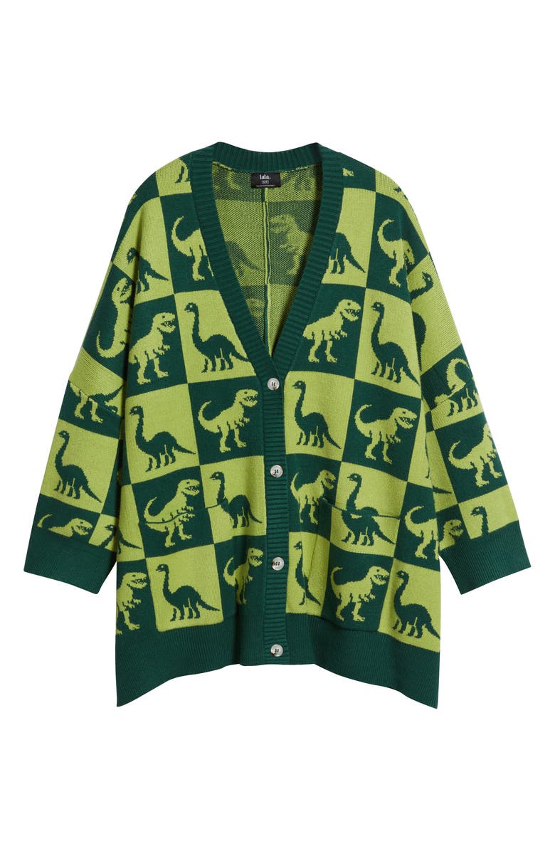 Dressed in Lala Dino Drama Oversize Jacquard Cardigan, Alternate, color, Green
