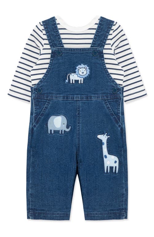 Little Me Safari Embroidered Overalls & Stripe Shirt Set In Blue