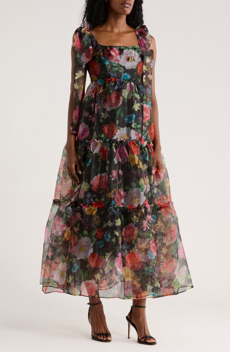 Chelsea28 Bow Shoulder Organza Maxi Dress, Main, color, Black Multi Floral