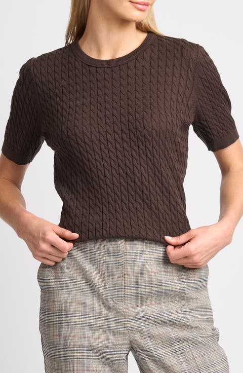 Cable Stitch Short Sleeve Crewneck Sweater