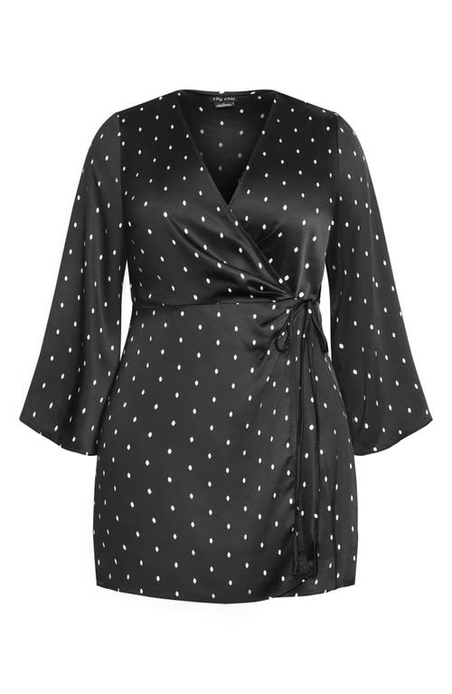 City Chic Amira Spot Long Sleeve Satin Wrap Minidress In Windswept Spot