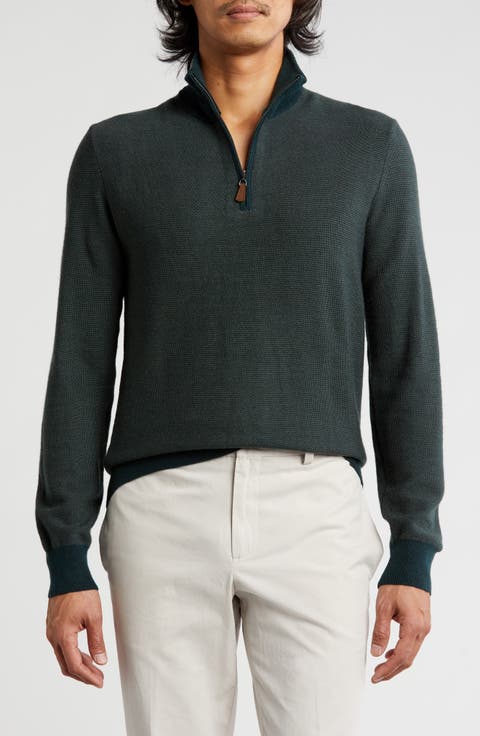 Piqué Merino Wool Feeder Stripe Quarter Zip Pullover