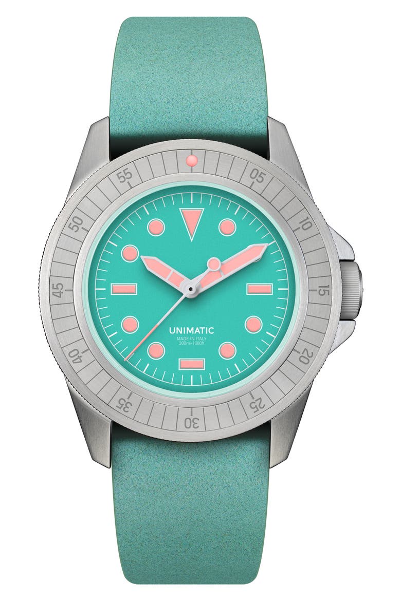 x RIOCAM U1-RIO Diver Automatic Leather Strap Watch, 41.5mm, Main, color, AQUAMARINE