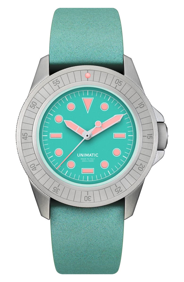 UNIMATIC x RIOCAM U1-RIO Diver Automatic Leather Strap Watch, 41.5mm, Main, color, Aquamarine