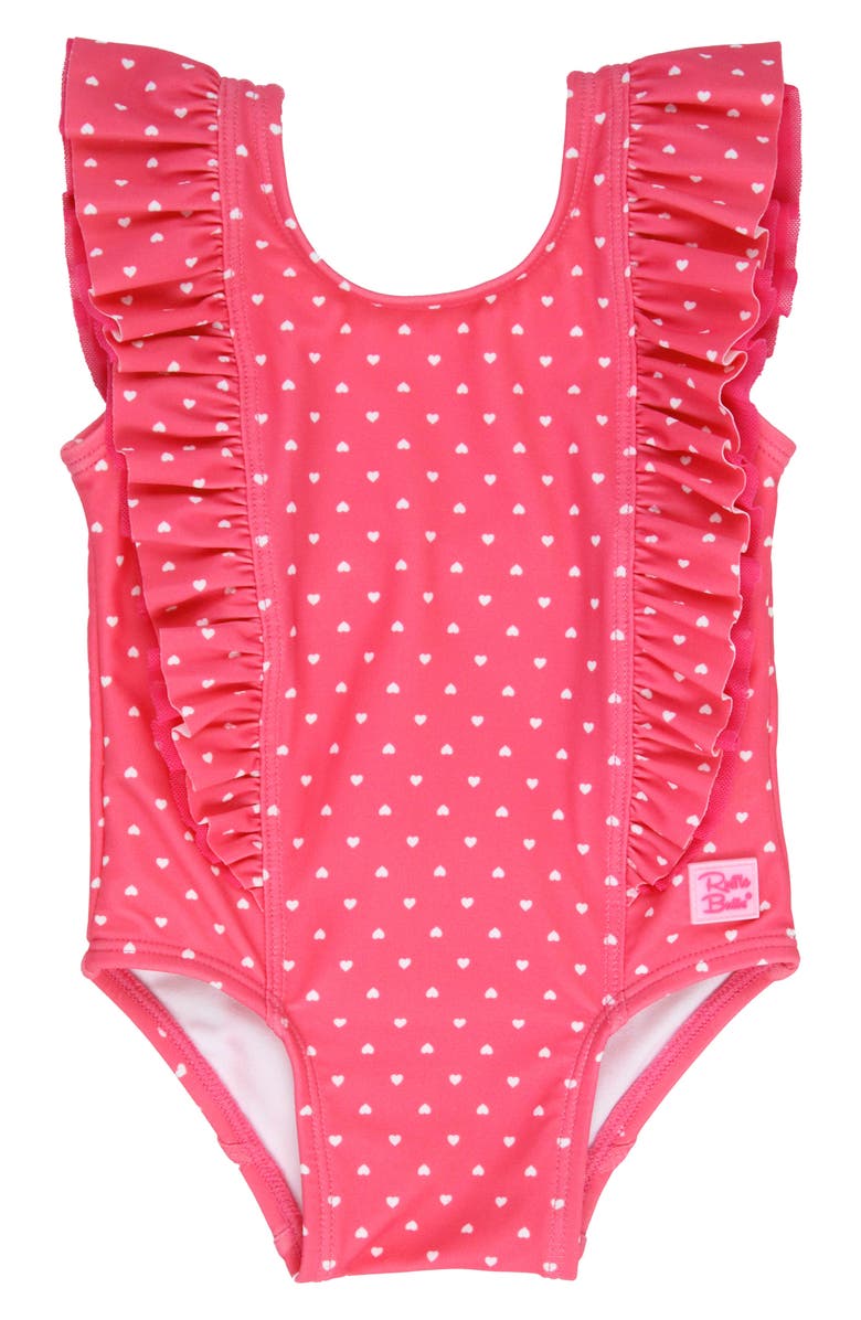 RuffleButts Kids' Hot Pink Heart Waterfall One-Piece Swimsuit, Main, color, 