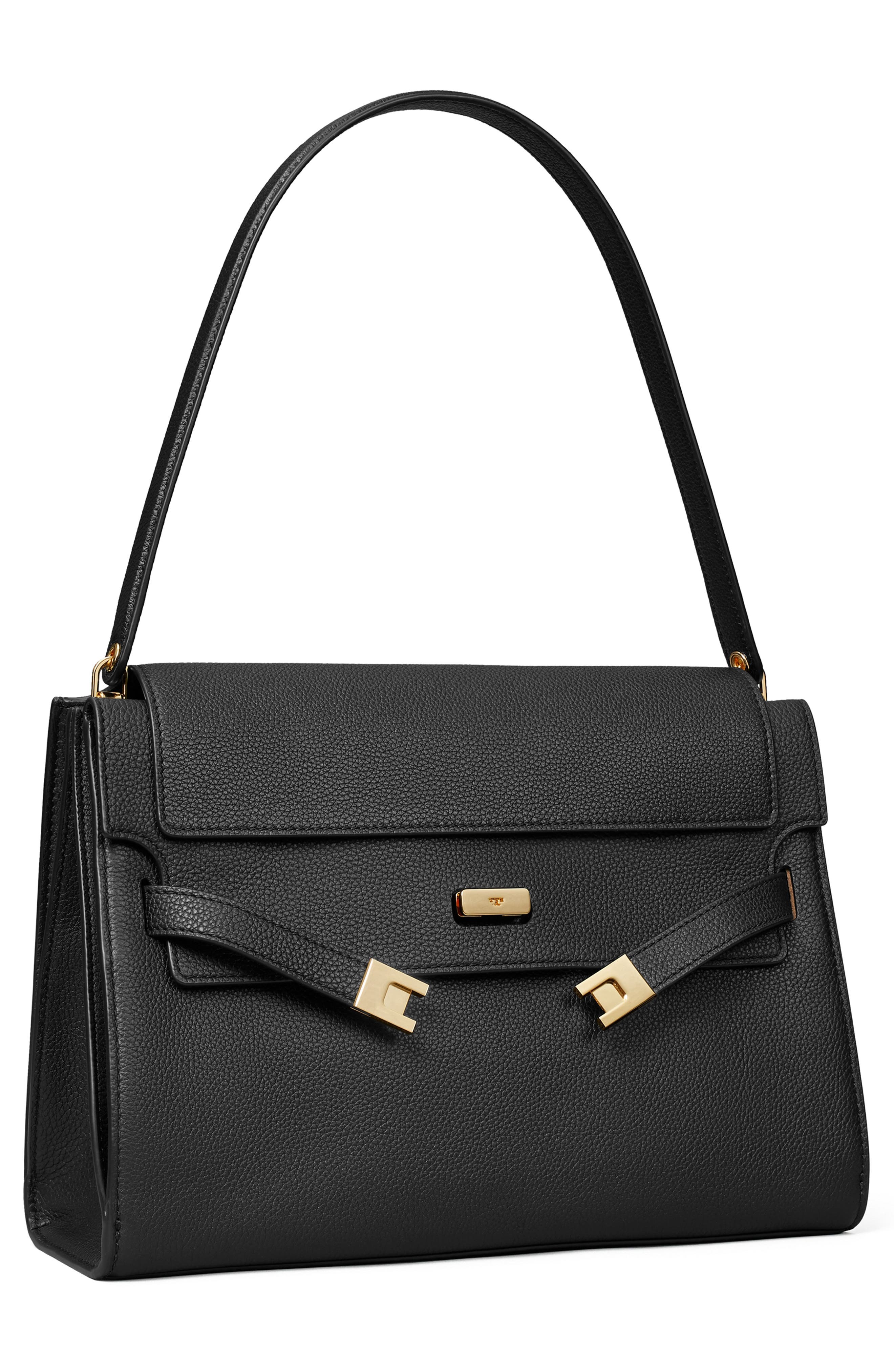 Tory Burch Large Lee Radziwill Pebble Leather Shoulder Bag, Alternate, color, Black