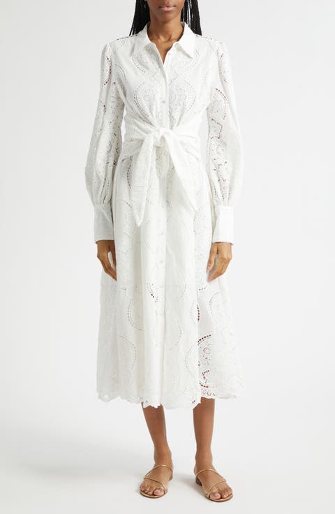 A Tiled Wonderland Eyelet Tie Waist Shirtdress