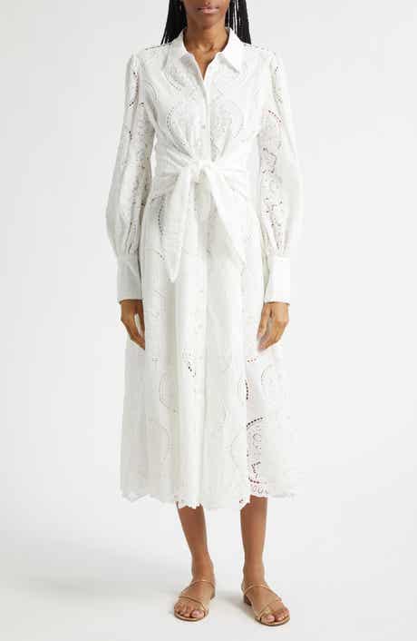 A Tiled Wonderland Eyelet Tie Waist Shirtdress