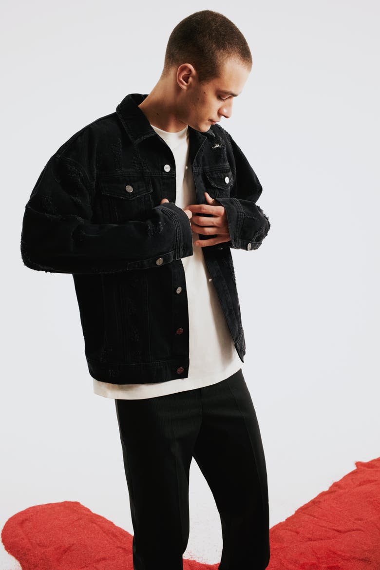 Cotton Distressed Denim Jacket, Alternate, color, BLACK