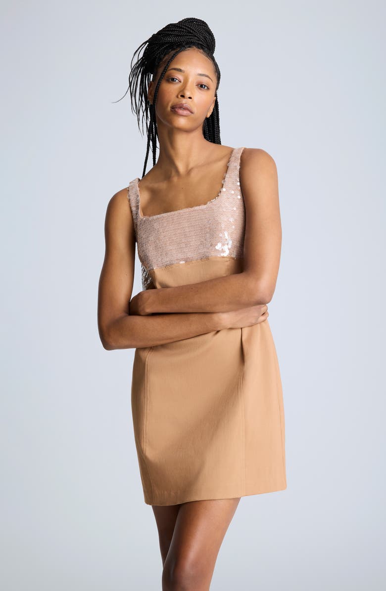 Kenneth Cole Sequin Bodice Open Back Cotton Blend Shift Dress, Alternate, color, Dark Honey