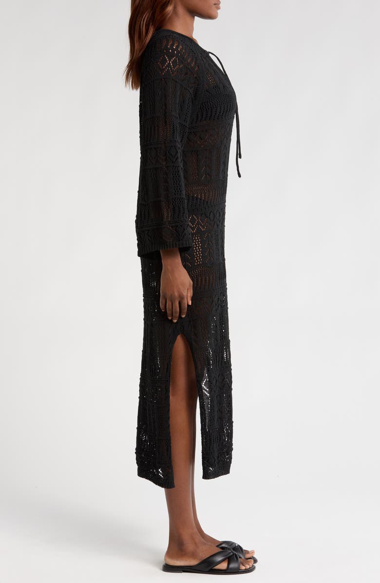 Elan Lace Knit Long Sleeve Cover-Up Midi Dress, Alternate, color, Black