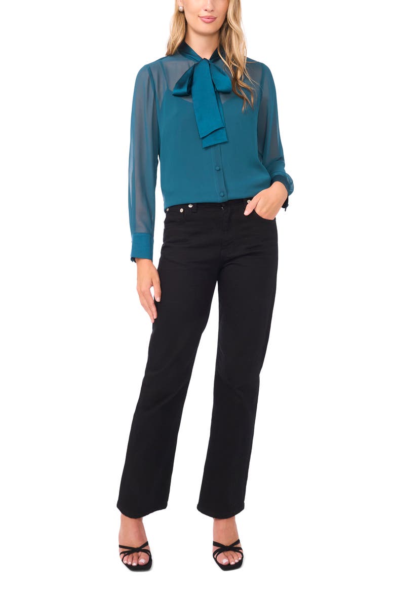 Pussybow Sheer Button-Up Shirt, Alternate, color, DEEP TEAL