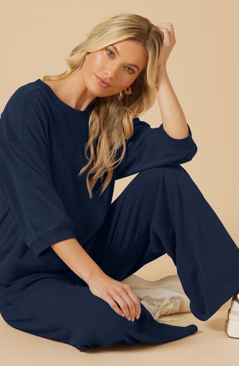 Softies Terry Cropped Sleeve Crew Neck with Wide Leg Pant, Alternate, color, Midnight