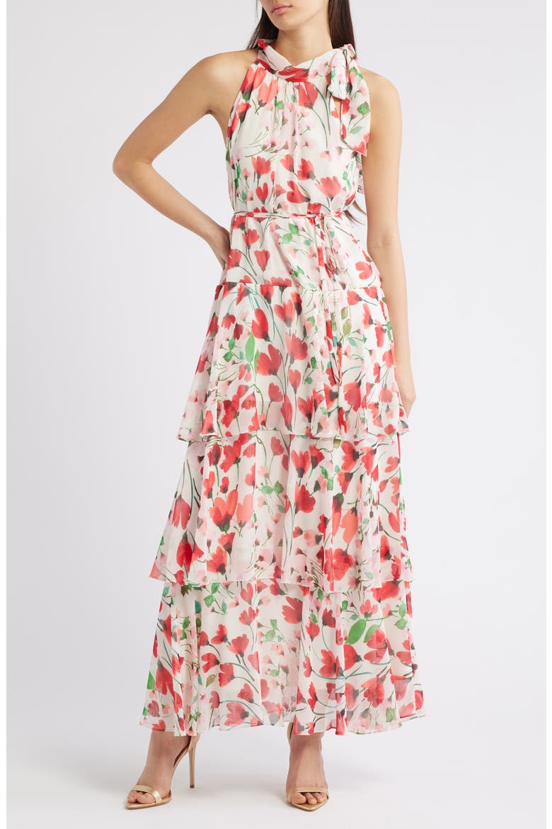 Floral Sleeveless Tiered Maxi Dress, Main, color, IVORY MULTI