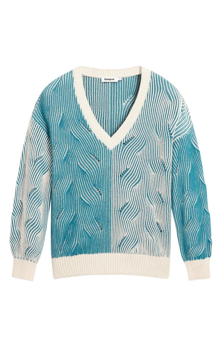 Desigual Colorblock Cotton Blend Pointelle Sweater, Alternate, color, Light Blue