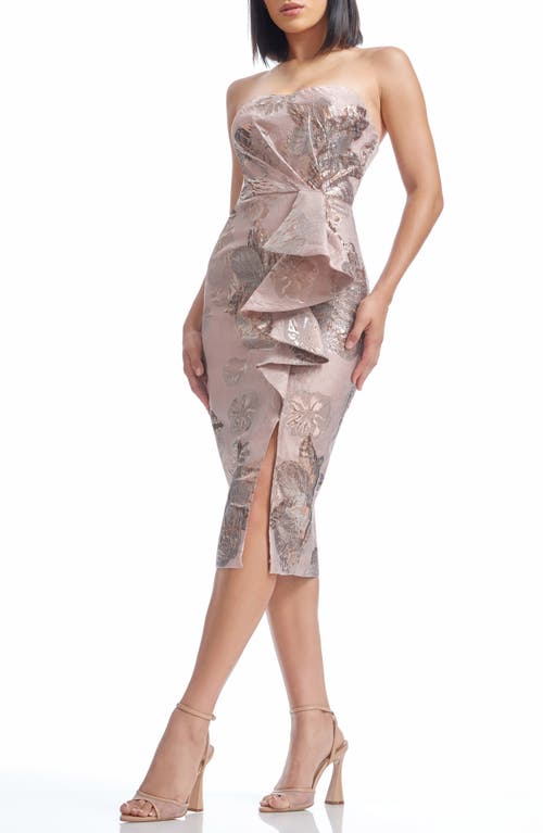 DRESS THE POPULATION DRESS THE POPULATION KIERON METALLIC FLORAL RUFFLE DETAIL STRAPLESS SHEATH DRESS