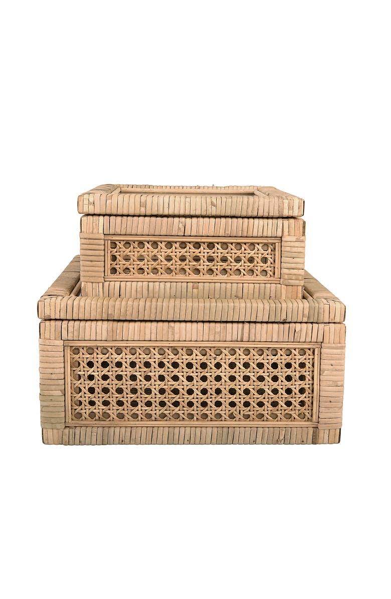 Storied Home Woven Wood and Rattan Display Boxes with Glass Lids, Natural, Set of 2, Main, color, Natural