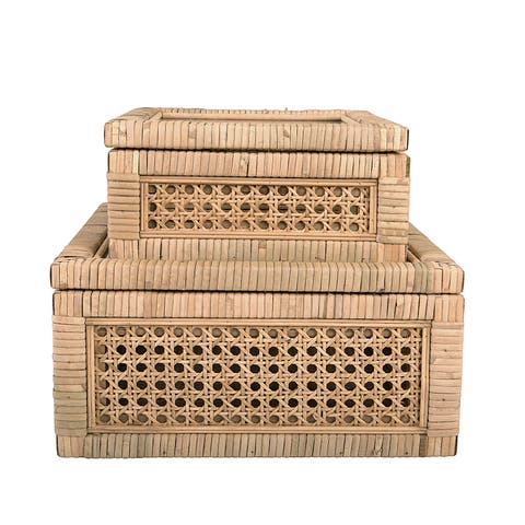 Woven Wood and Rattan Display Boxes with Glass Lids, Natural, Set of 2