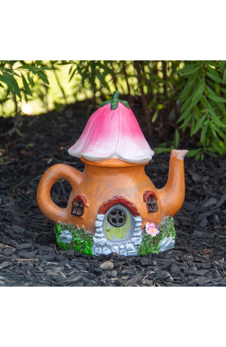Northlight 7" Solar Lighted Flower Teapot Outdoor Garden Statue, Alternate, color, Brown