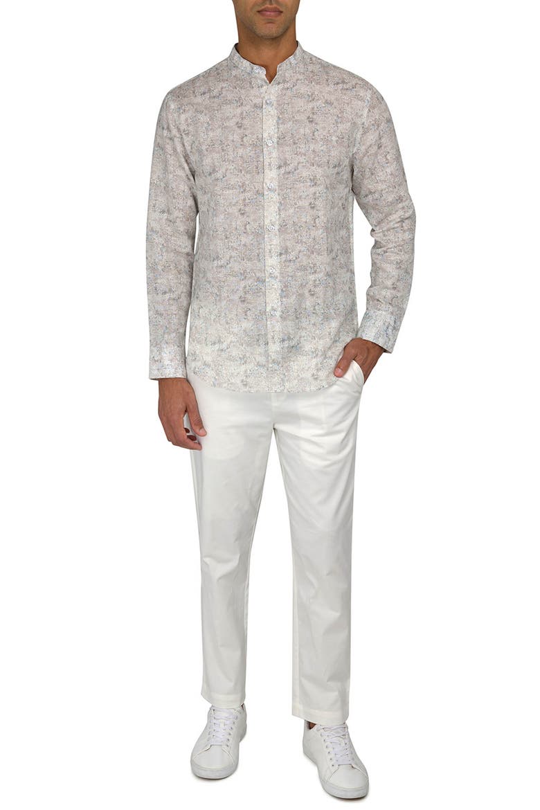 Abstract Leaves Mandarin Collar Linen Blend Shirt, Alternate, color, BEIGE