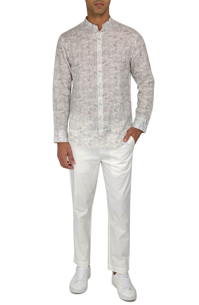 Brooklyn Brigade Abstract Leaves Mandarin Collar Linen Blend Shirt, Alternate, color, Beige