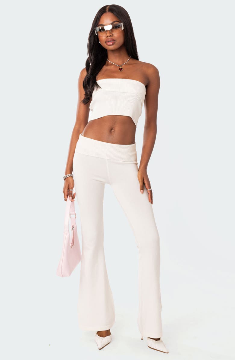 EDIKTED Desiree Foldover Waist Knit Flare Pants, Alternate, color, White
