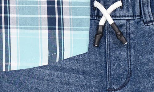 Joe's Jeans Plaid Short Sleeve Button-up Shirt & Denim Shorts Set In Blue