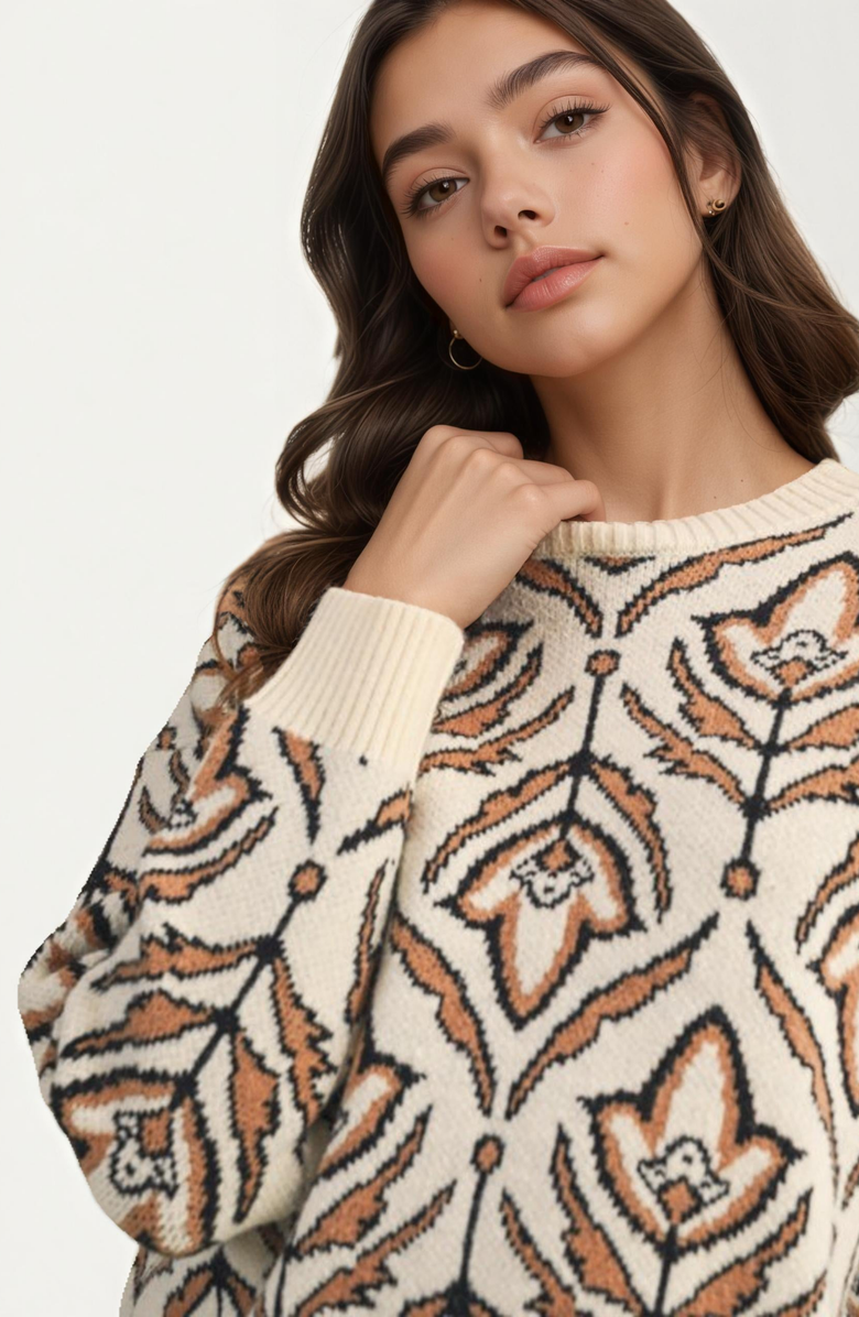 Knit and Lounge Crew Neck Abstract Floral Sweater, Alternate, color, Cream / Brown / Black