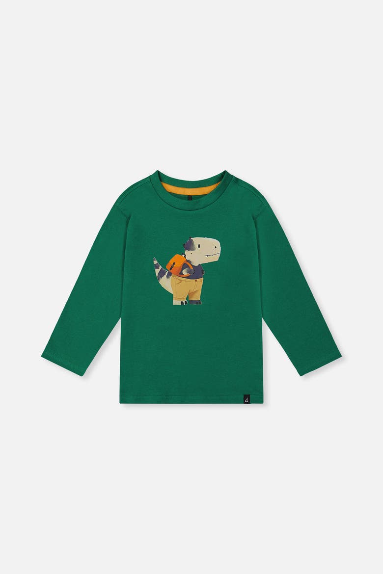 Organic Cotton Dino Appliqué Crew Neck Long Sleeve T-Shirt, Main, color, Green