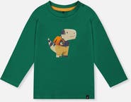 Deux par Deux Organic Cotton Dino Appliqué Crew Neck Long Sleeve T-Shirt