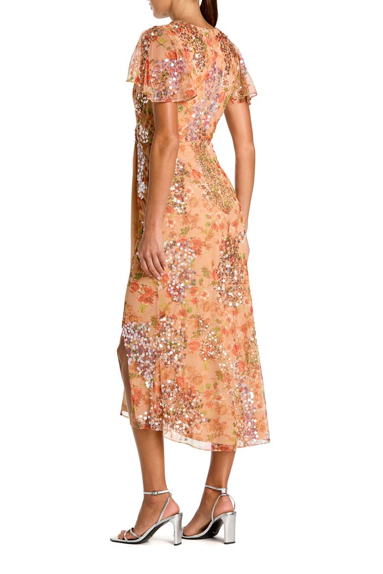 Printed Mesh Flutter Sleeve Faux Wrap Midi Dress, Alternate, color, Apricot