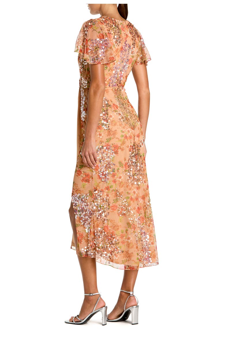 Mac Duggal Printed Mesh Flutter Sleeve Faux Wrap Midi Dress, Alternate, color, Apricot