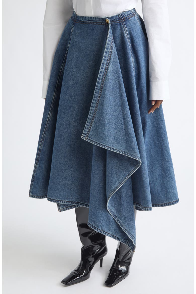 Side Drape Banded Midi Skirt, Alternate, color, BLUE DENIM