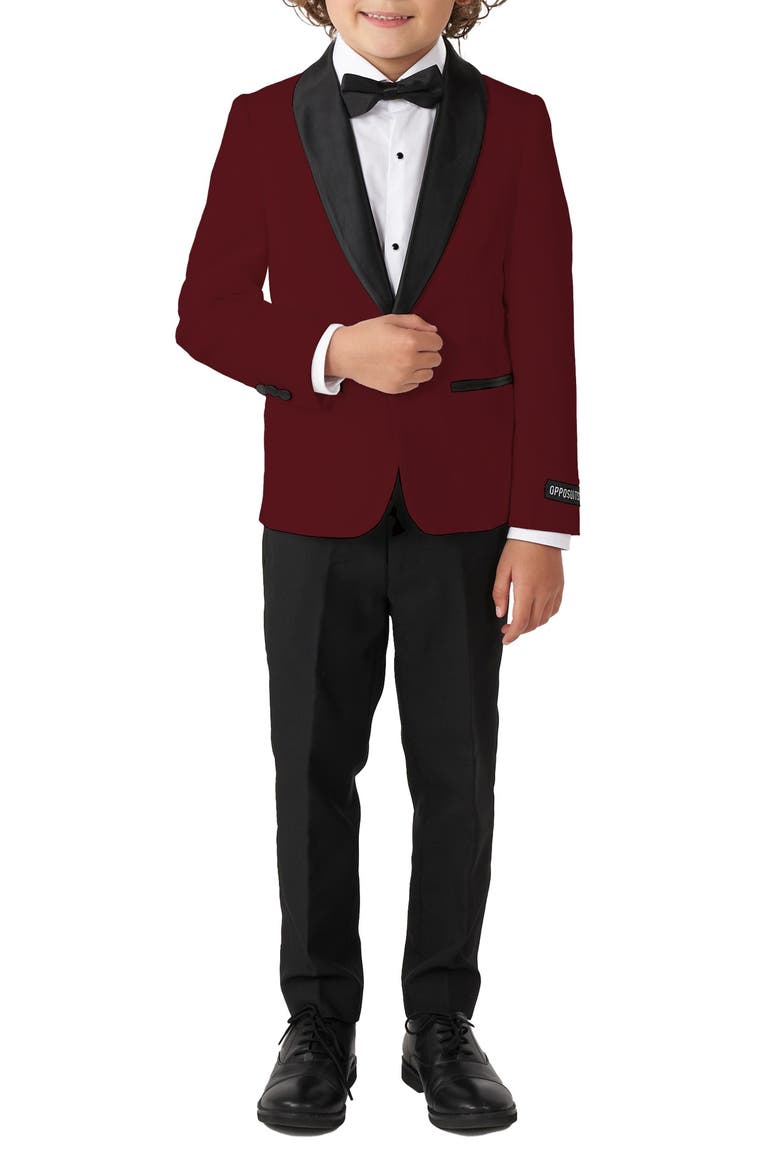 Kids' Hot Burgundy Two-Piece Tuxedo Suit with Bow Tie, Main, color, RED