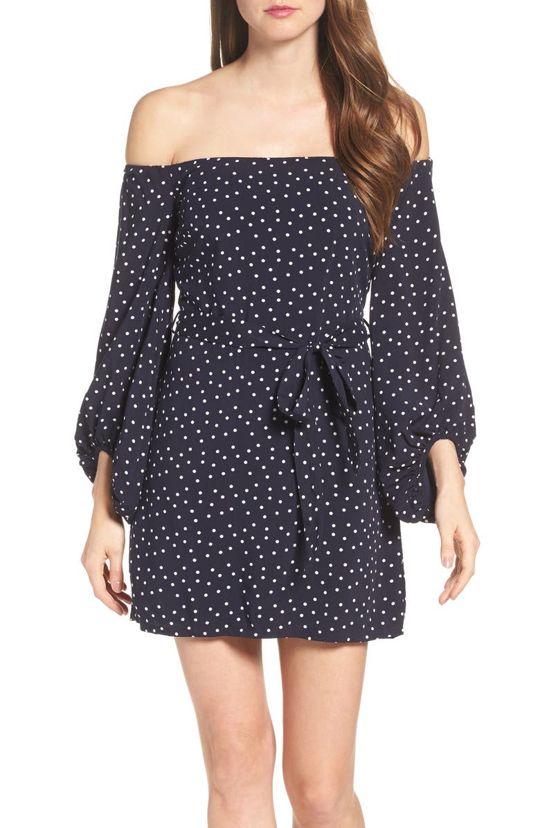 Bardot Polka Dot Off the Shoulder Dress, Main, color, 