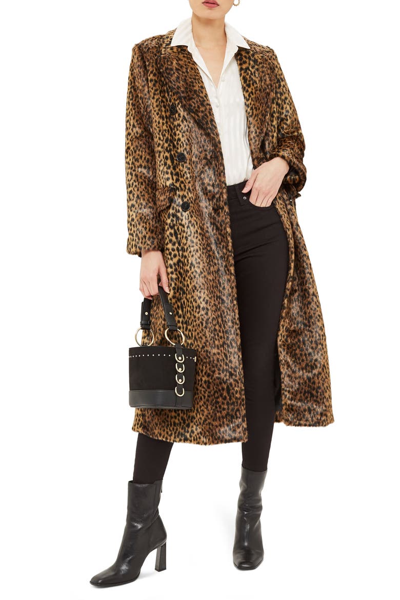 Toni Faux Fur Leopard Long Coat, Main, color, BROWN MULTI