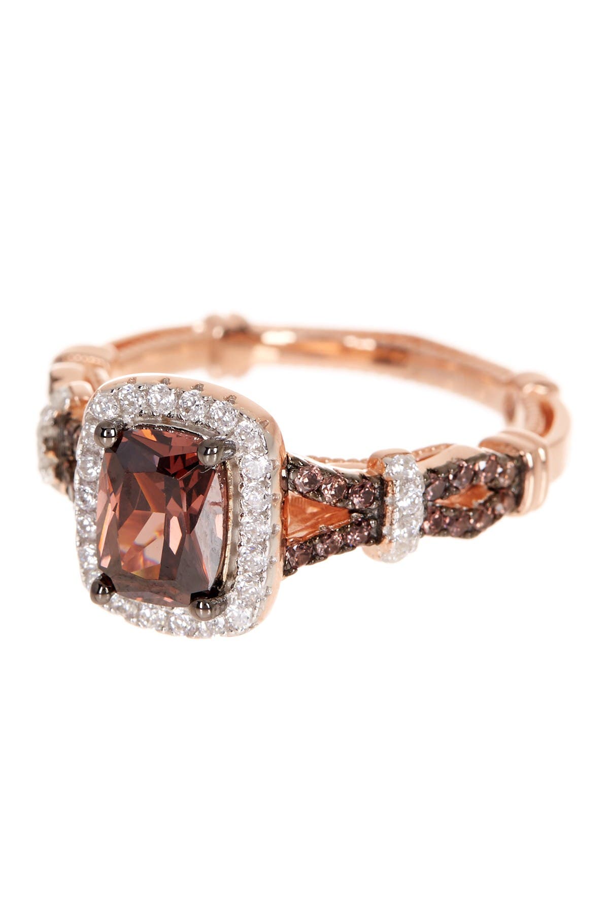 SUZY LEVIAN Pink Rhodium Plated Sterling Silver Brown & White CZ Engagement Ring