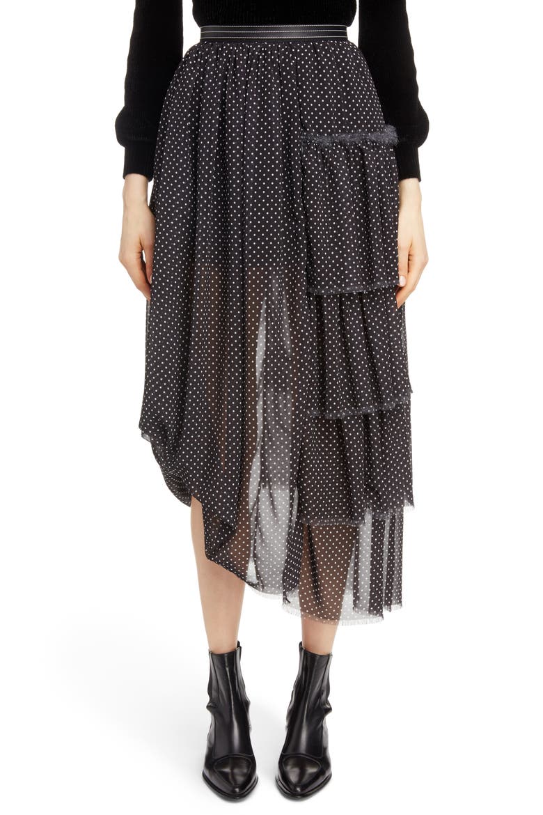 Polka Dot Asymmetrical Tiered Ruffle Skirt, Main, color, BLACK/ WHITE