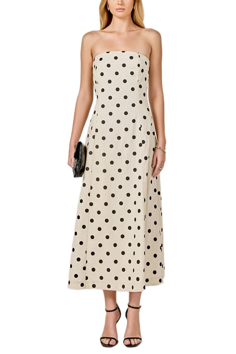 Polka Dot Strapless Linen & Cotton Dress, Main, color, SAND/ BLACK
