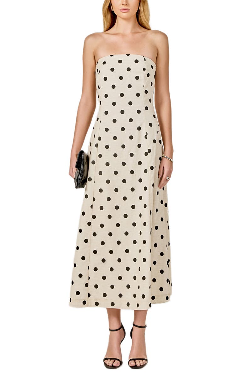 Endless Rose Polka Dot Strapless Linen & Cotton Dress, Main, color, Sand/ Black